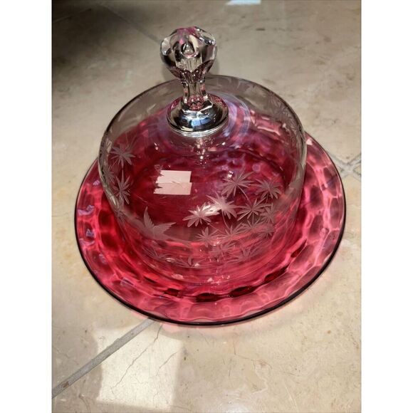 GLASS  DOME CHEESE Butter DESSERT COVERED DISH 7x9” Cranberry Clear Birds Trees - Picture 2 of 7